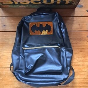 DC Comics Batman Backpack, Black Faux Leather Bookbag, Metal Logo Plate, Retro